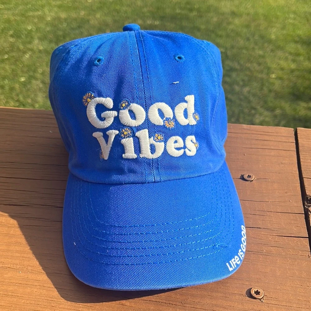 Life is Good Baseball Cap / Hat. Blue Good Vibes Daisies